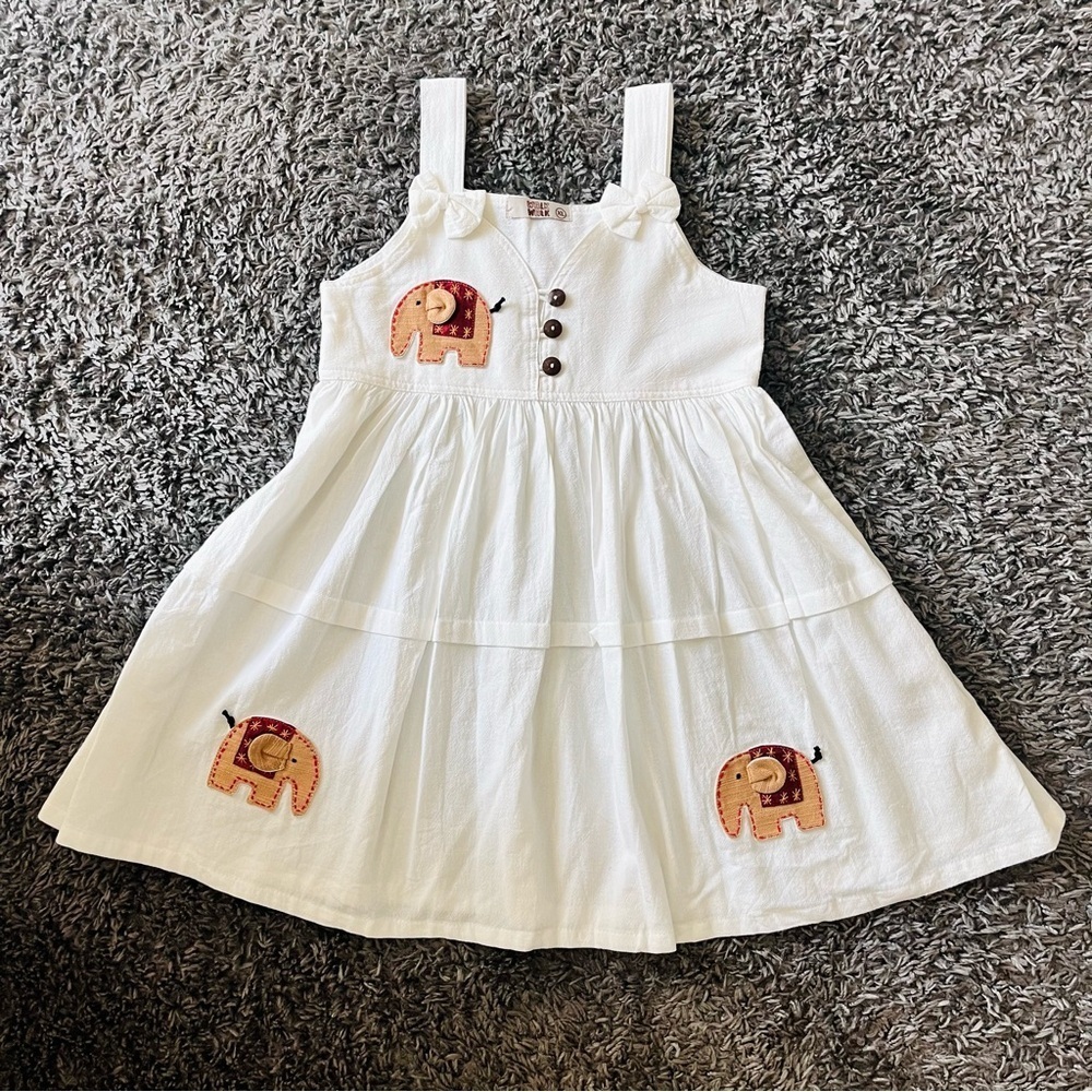 Walk Walk White Elephant Embroidered Kids cotton sleeveless Dress